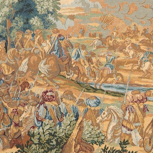 May include: A tapestry depicting a scene of a battle with soldiers on horseback and on foot. The tapestry is woven with intricate details and vibrant colors, including shades of brown, blue, green, and gold.