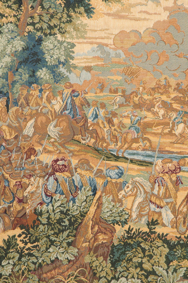 May include: A tapestry depicting a scene of a battle with soldiers on horseback and on foot. The tapestry is woven with intricate details and vibrant colors, including shades of brown, blue, green, and gold.