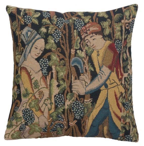 Belgian Tapestry Pillow Cover: Vintage Wine Harvest Scene (16x16 inch)