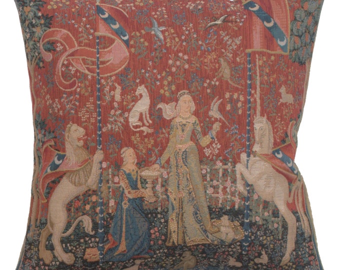 Lady and Unicorn Tapestry Pillow Cover: Belgian Jacquard Woven Cushion, 14x14 Inch