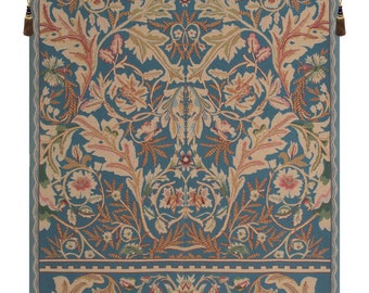 Acanthus III European Wall Tapestry - William Morris Decorative Wall Hanging - Blue Background Floral Wall Décor Art - Flower Woven Wall Art