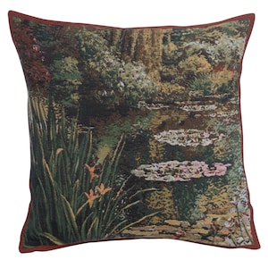 Monet&#39;s Garden Greenery Floral Tapestry Cushion Cover | 17x17  Inch Belgian Woven Gobelin Sofa Pillow