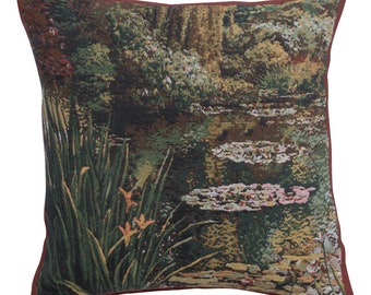 Greenery Monet's Garden Cushion Cover | Floral Sofa Pillow Cover | 17x17 inch Woven Belgian Tapestry Cushion Cover | Gobelin Pillow Cover
