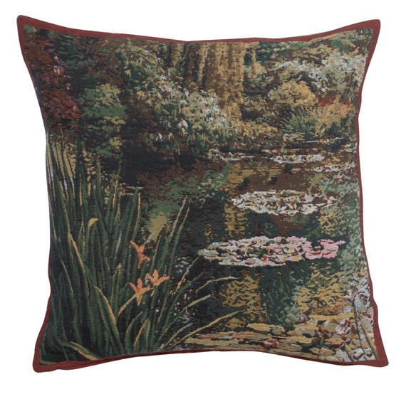 Monet's Garden Greenery Floral Tapestry Cushion Cover | 17x17  Inch Belgian Woven Gobelin Sofa Pillow