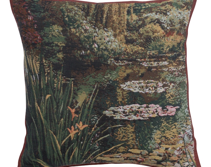 Monet's Garden Greenery Floral Tapestry Cushion Cover | 17x17  Inch Belgian Woven Gobelin Sofa Pillow