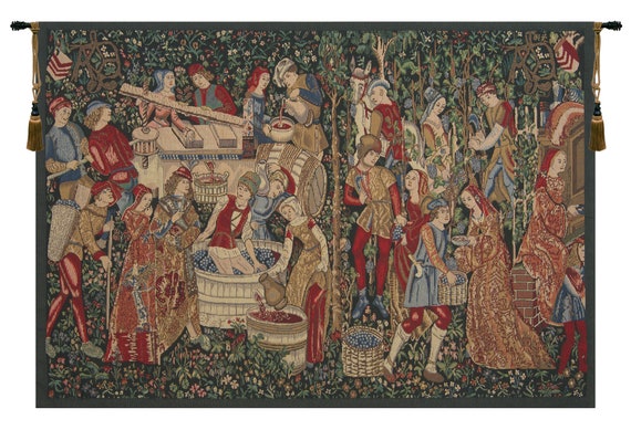 Mille Fleurs Tapestry: Medieval Wine Harvest, European Wall Decor (34x47 inch)