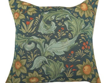 Arabesques Orange Tree Blue Tapestry Cushion Cover 19x19 Inch - William Morris Art Decorative Pillow Case - Gobelin Woven Sofa Pillow Cover