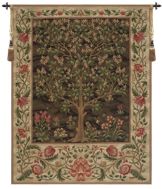 Medieval Tree of Life Tapestry - Brown Millefleurs Woven Jacquard Art by William Morris