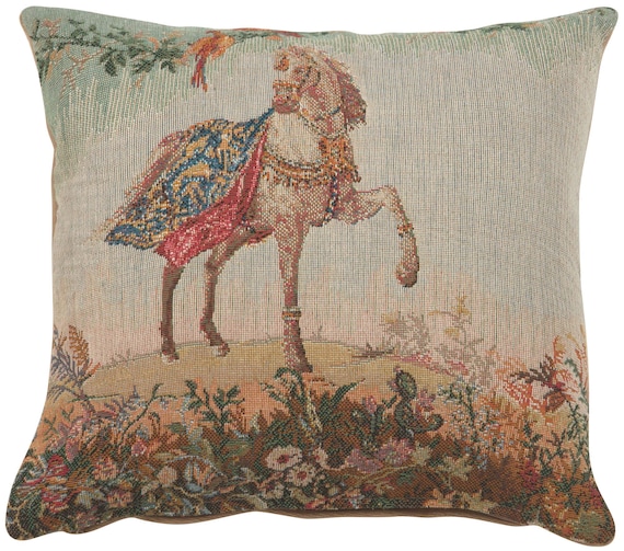 Elegant European Horse Tapestry Cushion Cover - 14x14  Inch Jacquard Woven Decorative Pillow Case