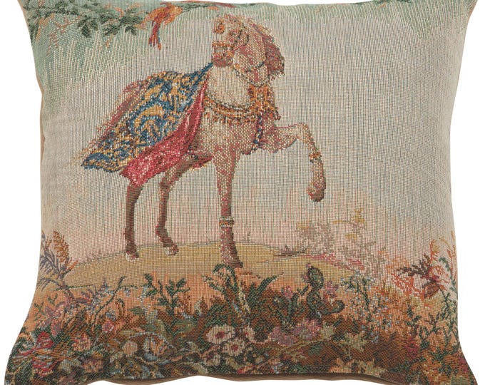 Elegant European Horse Tapestry Cushion Cover - 14x14  Inch Jacquard Woven Decorative Pillow Case