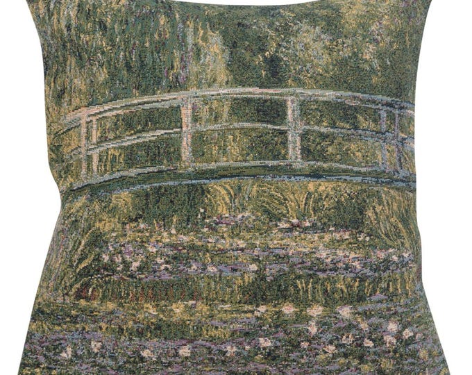 Monet's Bridge Tapestry Pillow Cover: Belgian Woven Decorative Cushion