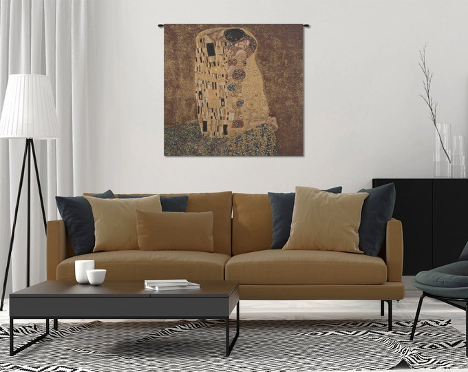 Gustav Klimt's Kiss European Wall Tapestry - Woven Jacquard Art Hanging for Bedroom Decor