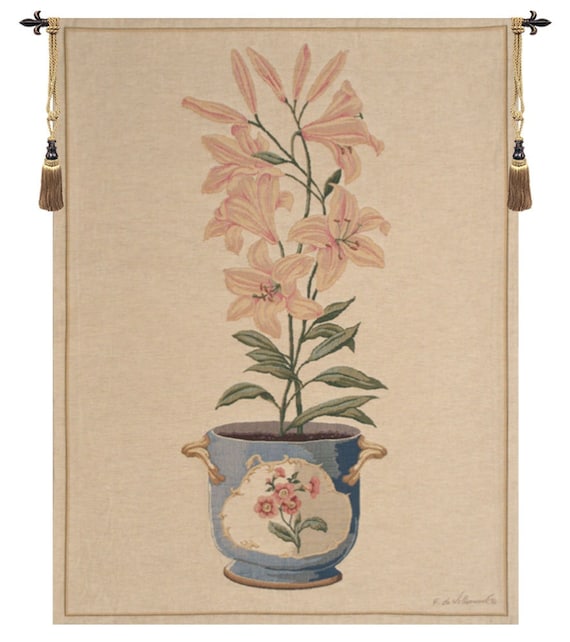 Pink Amaryllis Belgian Tapestry: Floral Bouquet Wall Decor (37x28 inch)
