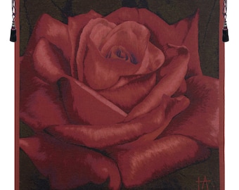 Rose Rouge European Wall Tapestry - Red Flower Unique Wall Décor Art - Floral Decorative French Wall Tapestry - Woven Jacquard Wall Hanging