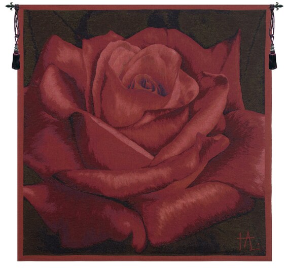 Red Rose Woven Wall Tapestry: French Floral Decor (57x57 inch)