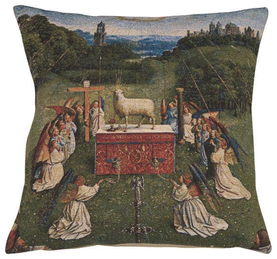 Lamb of God Tapestry Pillow Cover: Belgian Jacquard Woven Throw Pillow (18x18 Inc)