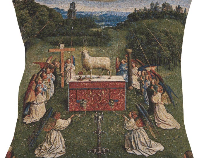 Lamb of God Tapestry Pillow Cover: Belgian Jacquard Woven Throw Pillow (18x18 Inc)