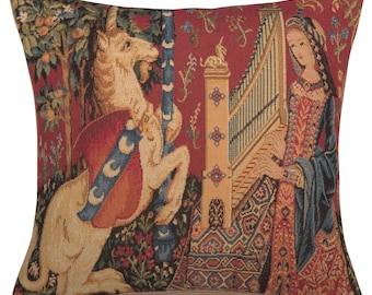 Lady and Unicorn Taste Cushion Cover Medieval Tapestry Woven Jacquard Pillow Case 14x14 in