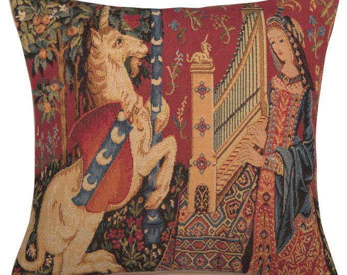 Belgian Tapestry Pillow Cover Medieval Lady Unicorn 14x14 Jacquard Woven Art Cushion Case