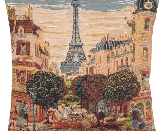 Eiffel Tower Tapestry Pillow Cover: Paris Scene, Woven in Belgium (18x18)