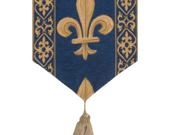 Blue Fleur De Lis Table Runner French Jacquard Woven Cotton Royal Dining Decor