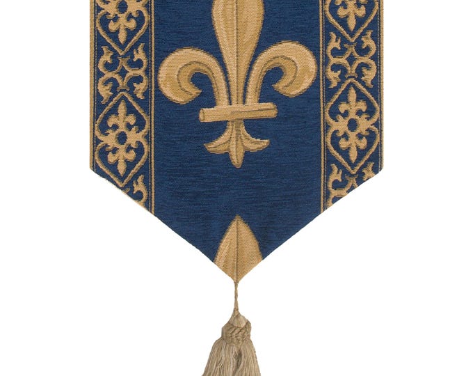 Belgian Woven Fleur de Lys Tapestry Table Runner: Royal Blue & Gold, 12x38