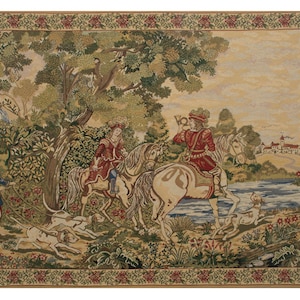 Medieval Hunting Scene Tapestry: Belgian Woven Wall Hanging (45x69 inch)