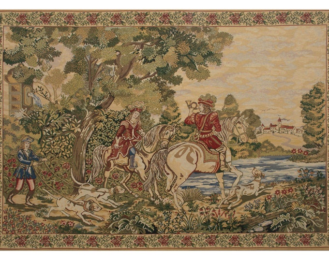 Medieval Hunting Scene Tapestry: Belgian Woven Wall Hanging (45x69 inch)