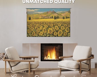 Vintage Italian Sunflower Landscape Tapestry: Woven Tuscan Floral Wall Art Hanging for Home Decor