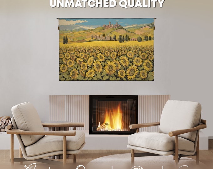 Vintage Italian Sunflower Landscape Tapestry: Woven Tuscan Floral Wall Art Hanging for Home Decor