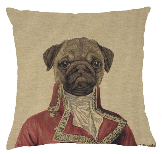 Commodore Pug Tapestry Pillow Cover: Belgian Woven Military Dog Cushion