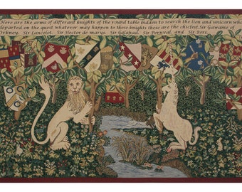 William Morris Arms of the Knights European Wall Tapestry Woven - Lion & Unicorn Medieval Wall Art - Belgian Tapestry Hangings
