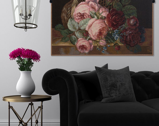 Silk Roses Basket Tapestry: French Floral Wall Art (28x38 inch)