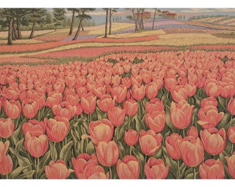 Tulipani European Wall Tapestry - Garden Landscape Wall Decor Art - Red and Pink Floral Wall Hanging - Flower Woven Italian Wall Tapestry