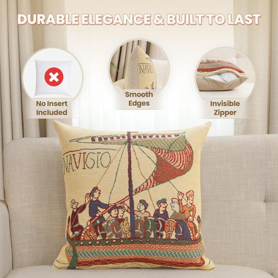 Bayeux Tapestry Pillow Cover: Belgian Woven Decorative Cushion (16x16 inch)