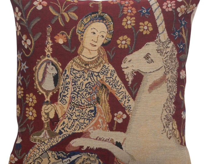 Lady and Unicorn Pillow Cover: Woven Medieval Tapestry (16x16 inch)