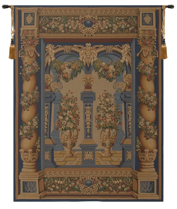 Belgian Woven Wall Tapestry: Loggia European Columns, Floral Art (54x42 inch)