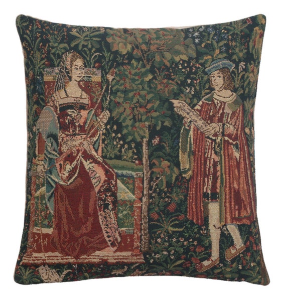 Belgian Tapestry Cushion Cover: Medieval Reading Scene (16x16 Inch)