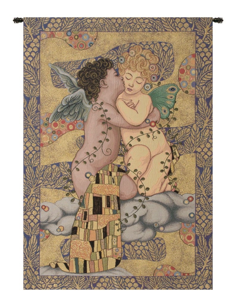 May include: A tapestry featuring two cherubs kissing on a cloud. The cherubs are surrounded by a gold and blue background with floral designs. The cherub on the left has a blue wing and the cherub on the right has a green butterfly wing.