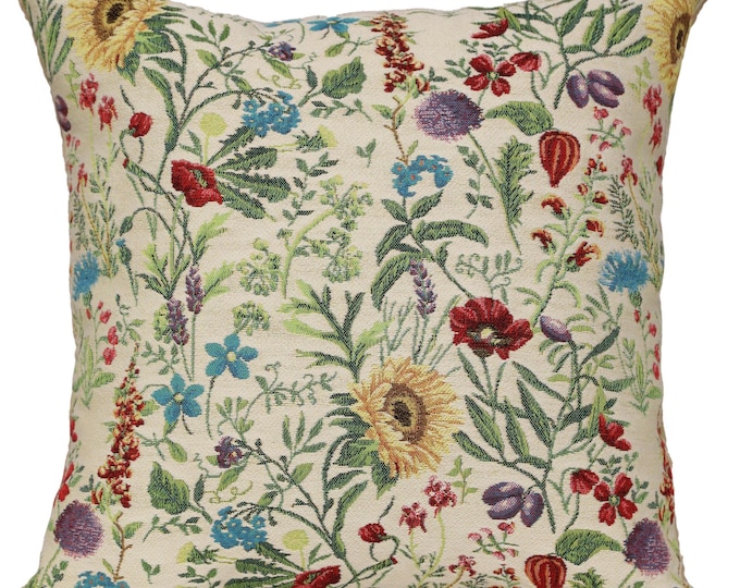 Wildflower Tapestry Pillow Cover: Belgian Woven Cotton Cushion, 18x18 Inch