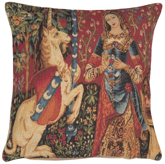 Belgian Woven Unicorn Tapestry Pillow Cover: Medieval Art Throw Pillow