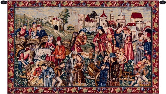 French Medieval Woven Tapestry: Marche au Vin Wine Market Scene Wall Hanging Art