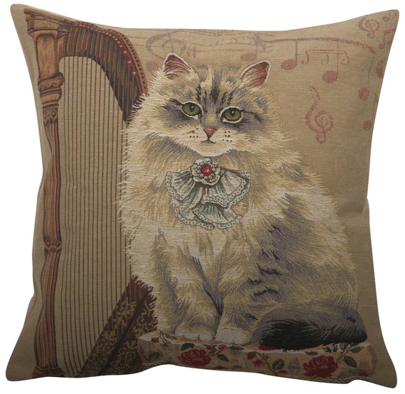 Belgian Jacquard Cat Playing Harp Tapestry Pillow Cover 18x18 inch - Decorative Animal Art Cushion