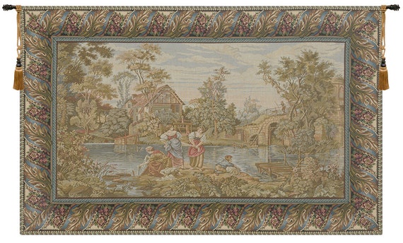 Horizontal European Jacquard Wall Tapestry - Classical Italian Washing Day at the Mill Scene