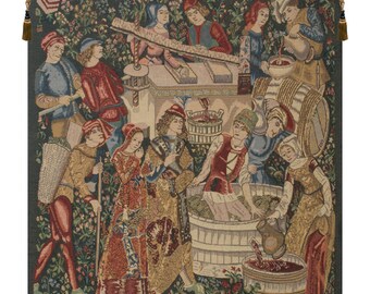 Vendages Left Side Red European Wall Tapestry - Decorative Millefleurs Wall Décor Art - Woven Medieval Wall Art - Gobelin Wall Hanging