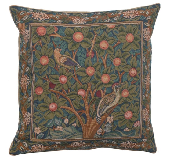William Morris Woodpecker Pillow Cover: French Woven Tapestry Cushion (19x19)