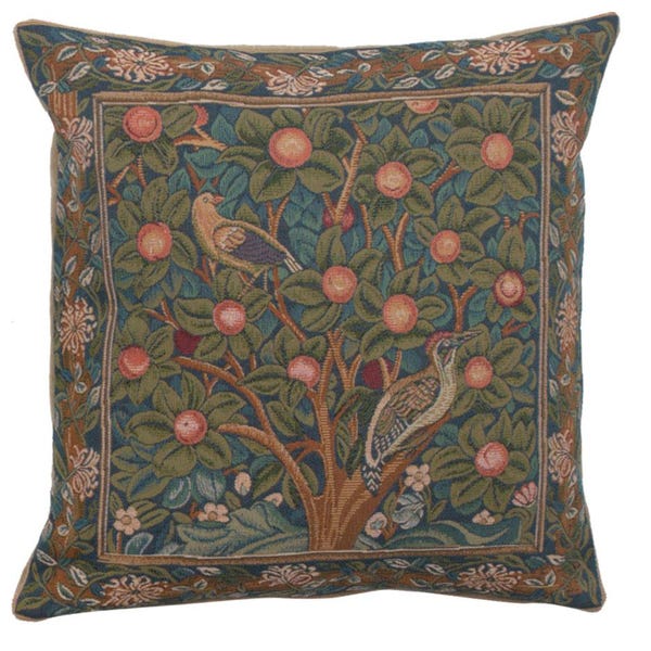 William Morris Woodpecker Pillow Cover: French Woven Tapestry Cushion (19x19)