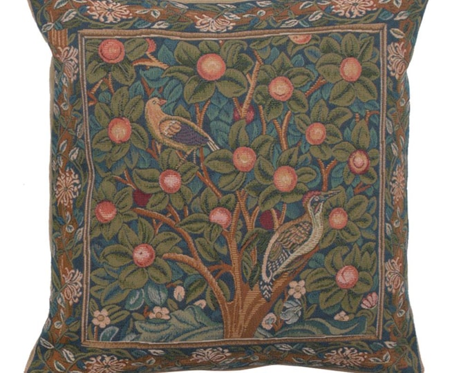 William Morris Woodpecker Pillow Cover: French Woven Tapestry Cushion (19x19)