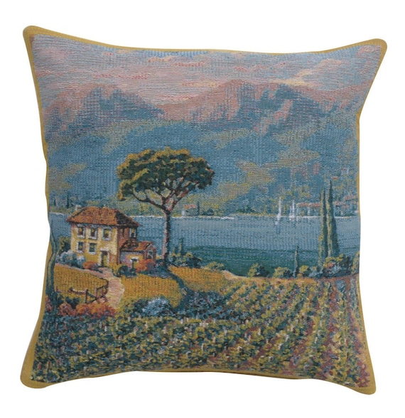 Lakeside Vineyard Tapestry Pillow Cover: Belgian Jacquard Cushion (17x17 inch)