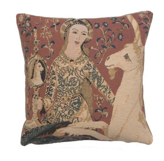 Lady and Unicorn Tapestry Pillow Cover: Woven Belgian Cushion (14x14)